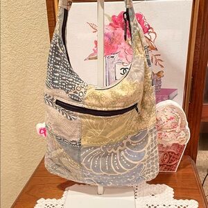 Patchwork Printed Hobo Bag - Blue, Green, Cream